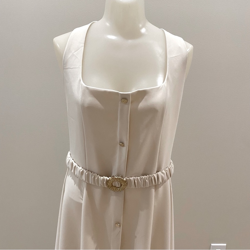 Zara NWT Cream Sleeveless Faux button Midi Dress attached Gold belt size Large - Picture 8 of 12